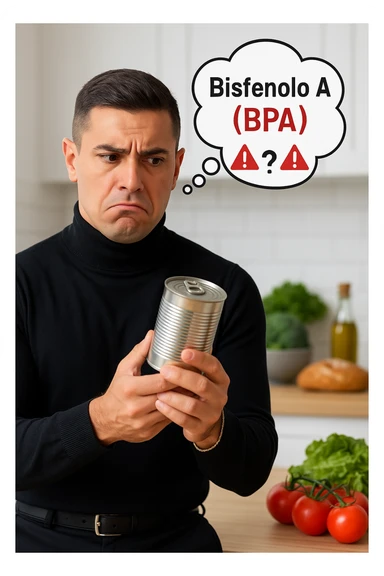 un uomo in cucina tiene in mano una lattina di cibo in scatola, osservandola con un’espressione preoccupata e scettica. Sopra la lattina, una nuvoletta di pensiero mostra la scritta “Bisfenolo A (BPA)” evidenziata in rosso, insieme a simboli di allarme o un punto interrogativo. Sullo sfondo, alimenti freschi e naturali sono visibili sul tavolo, sottolineando la sua preferenza per alternative più sane. sticker