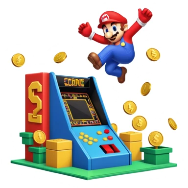 An icon featuring a classic arcade game scene, with a pixelated character jumping over obstacles and collecting coins. The design evokes the nostalgia of games like Super Mario or Sonic, with vibrant colors and a retro, 8-bit style. transparent background. sticker