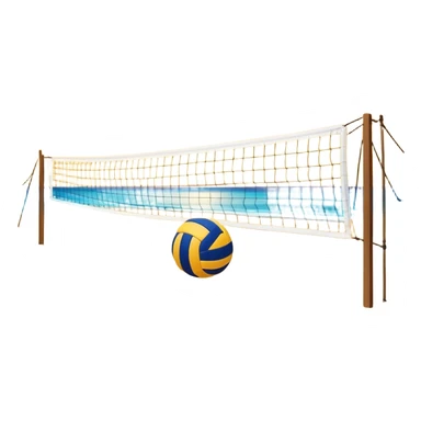 A volleyball resting on the yellow sand on a beach, with the net in the background and a scenic view of the ocean and sky. The scene captures the relaxed yet competitive vibe of beach volleyball, with warm sunlight and the natural beauty of the beach. sticker