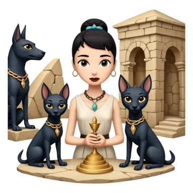Kindly mannered real Audrey Hepburn cleopatra Protecting silky black-haired tiny chained-slave-adorned statuette scale feral evil-eyed Anubis dessert scenery stone-age cracked irregular dwelling  sticker