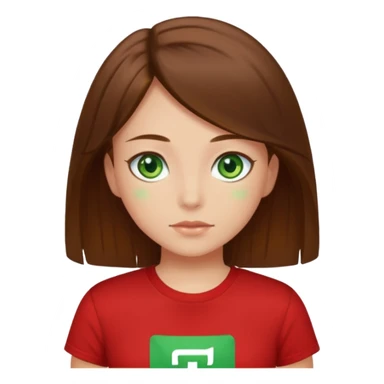 a girl with brown strait hair and has green eyes has a red t-shirt  sticker