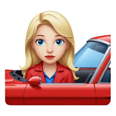 Blonde girl in red Mustang with blue eyes sticker