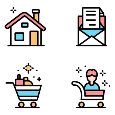 website navigation icons with home, mail, shopping cart, user profile, and settings sticker