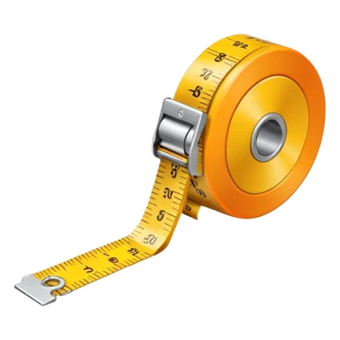 Flat vector illustration of a rolled measuring tape in yellow and orange color, simple bold outlines, minimal shading, emoji style, centered on white background. sticker