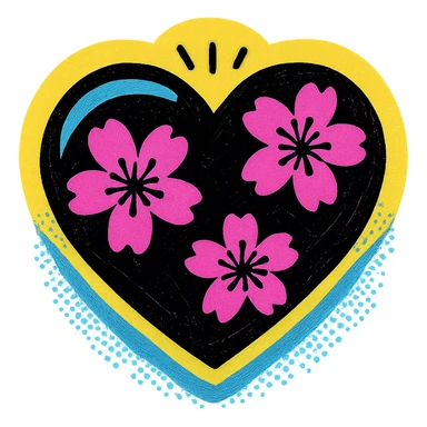 goth sakura heart, pop art style, black heart with bright pink sakura, halftone dots, bold and graphic sticker