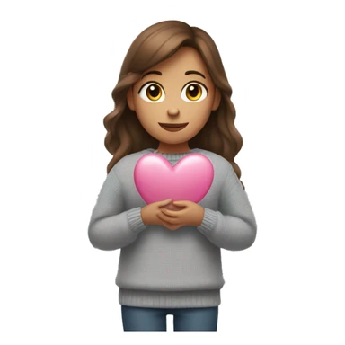 A girl with brown hair in a gray sweater holds a pink heart in her hands sticker