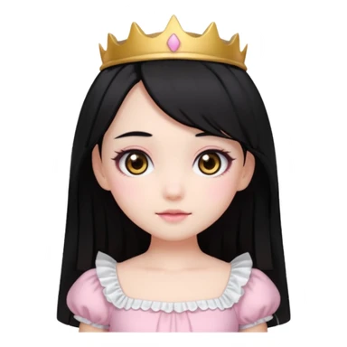 pale girl with medium length black hair, brown eyes, doll-like hime makeup, wearing a light pink hime dress, emoji style sticker