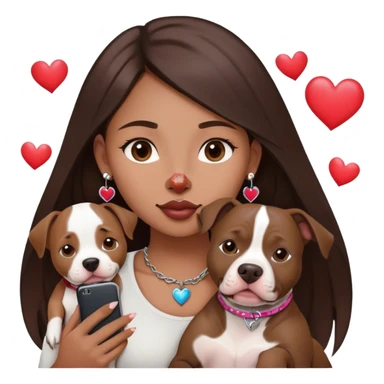 Young girl was long, dark brown hair sits with her dog who is a pretty girl pitbull with her cell phone in her hand in a small septum ring in her nose was hearts flying all around her sticker