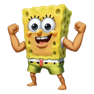 Create a sticker of SpongeBob pulling out muscles on the beach sweating and doing strength sticker