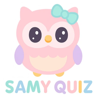 owl with bow and text 'SAMY QUIZ' in the same color palette as the reference image, kawaii style sticker