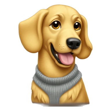 Golden dog with a sweater that says “moose” sticker