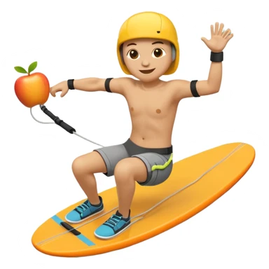 "Apple 3D emoji-style character wakeboarding mid-jump, with arms extended holding an orange rope, legs slightly bent on a yellow board. Stylized water splash behind. Emoji face, rounded body, bright and clean Apple shading. sticker