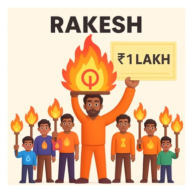 Add the name 'Rakesh' clearly above the godly figure and place a large 1 lakh check in his hand, keeping the fire, team, and divine theme. Ensure the name and check are readable and prominent. sticker