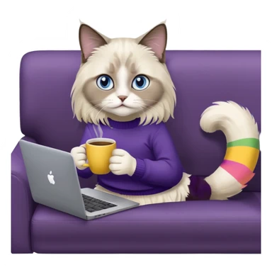 a cute blue eyed brown and white ragdoll cat with white paws and brown and beige tail wearing the dark violet sweater with yellow letteting "Milena" sitting on a grey sofa with grey laptop branded lettering "Lenovo" and drinking coffee sticker