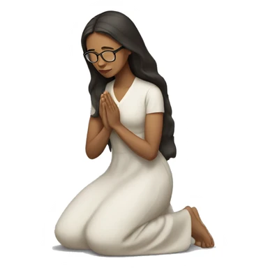 A woman kneeling praying, in a long dress, long dark brown hair and glasses sticker