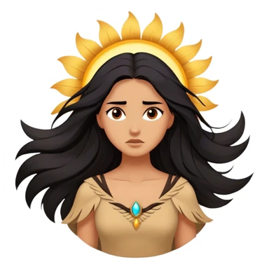 Cinematic Stunning Pocahontas Portrait Emoji, Windswept raven hair flowing behind her, deep brown eyes filled with wisdom and strength, glowing sun-kissed skin, wearing her elegant tan dress, the spirit of the wild in her expression, breathtakingly majestic! sticker
