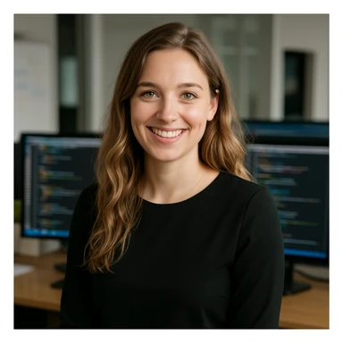 European woman with dark blonde, long beach wavy hair, green eyes, smiling, wearing a black long-sleeved blouse, no chain, no glasses, business setting, software developer, teaching behavior sticker
