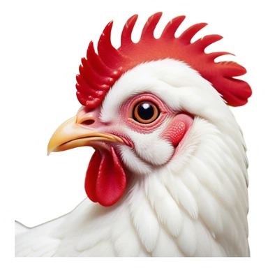 Cinematic Cute White Chicken Portrait Emoji, Head tilted playfully and inquisitively, featuring smooth, immaculate white feathers and a delicate red comb, round, sparkling beady eyes filled with curiosity, Simplified yet irresistibly adorable features, highly detailed, glowing with a warm, friendly glow, high shine, affectionate and lively, stylized with a touch of farmyard whimsy, bright and endearing, soft glowing outline, capturing the essence of a mischievous yet loving chicken, so playful it feels like it could peck out of the screen and into your arms! sticker