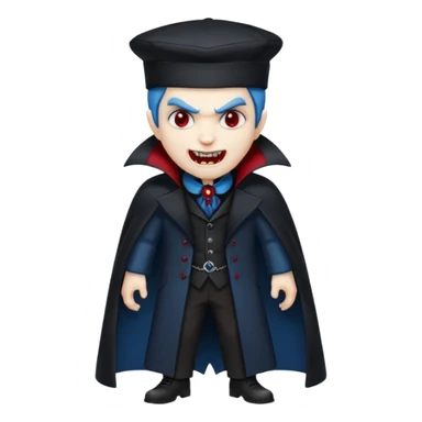 Vampire with blue hat ,black coat with read collared ,teeth looks like vampire with aggression on face and a full body. sticker