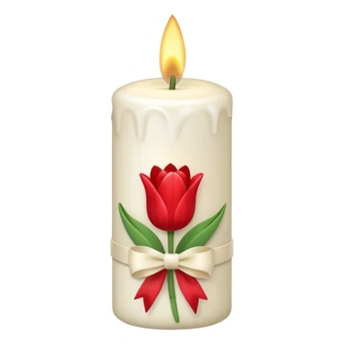 white candle with a tulip bow sticker