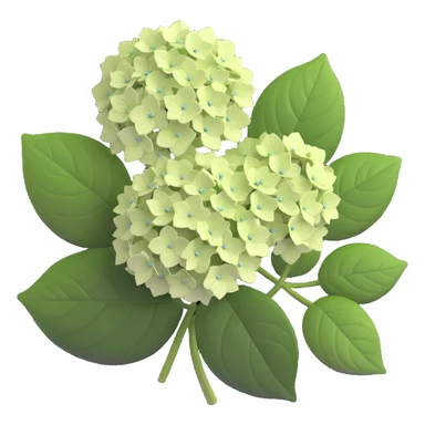 Charming hydrangea flower with kawaii style, soft rounded flower clusters in pretty pastel colors, and cute green leaves sticker