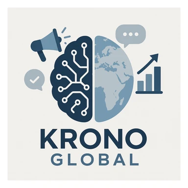 Visual mark for Krono Global: AI brain merged with a world map, surrounded by marketing icons like megaphone and graph, in a contemporary, global business color palette, modern and professional. sticker