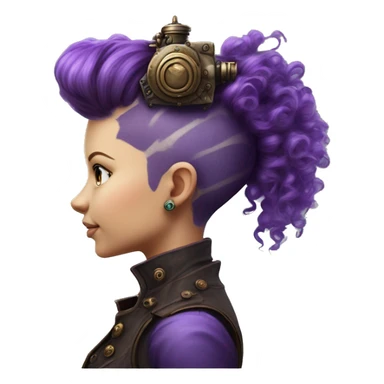 Photorealistic steampunk profile short mohawk purple  curl on Caucasian girl with small nose round face sticker