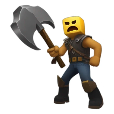 Roblox guy playing fortnire with a minecrsft pickaxe playing against a fall guys character sticker