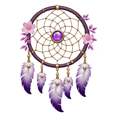 A white Dreamcatcher with purple-round-orb-stones, gold-ring-accents, purple tint flowers, pink sakura flowers, sticker