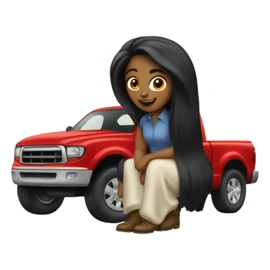 A white lady with long black hair, driving an older red pick up truck sticker