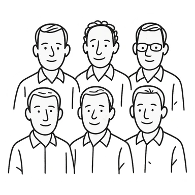 group of 6 men, white skin tone, white shirts, hand-drawn style sticker
