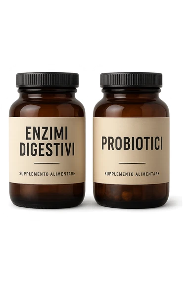 DUE BARATTOLI di integratore con la scritta "ENZIMI DIGESTIVI" E "PROBIOTICI", iperrealistico 4k sticker