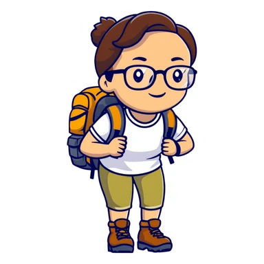 Woman in her late 30s with glasses wearing sporty outfit, hiking boots, and backpack looking happy and curious sticker