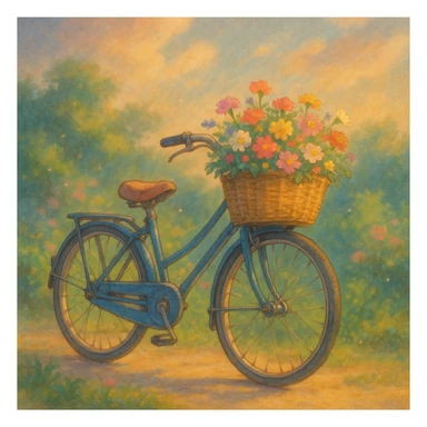 bicycle with a basket of flowers, dreamy lighting, soft painterly textures, whimsical and nostalgic, Ghibli style sticker