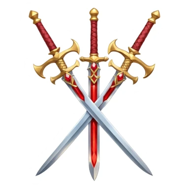 Two crossed swords that are golden in blade and handle and have fiery and royal appearence to them as well as red gem stones sticker