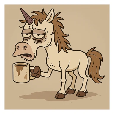 Add a dirty coffee cup in the unicorn's hoof, keep the cartoonish style, unicorn remains disgusting and rumpled with bags under his eyes and a drooping horn. sticker