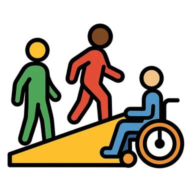 accessible activity space icon with color fill, ramps, and diverse people sticker