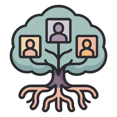 A tree symbolizing family history and a genealogical tree in icon-color-outlined style with thin clean contours and soft rounded shapes, pastel palette #98B5BC, #B5B3C1, #C9A3C9, #E4C0CA, #F7DCD1, #F7C0AA, modern Japanese pop-art and sticker aesthetics, detailed shadows and highlights, soft lighting, transparent background. Branches and roots stylized to represent family connections and history. sticker