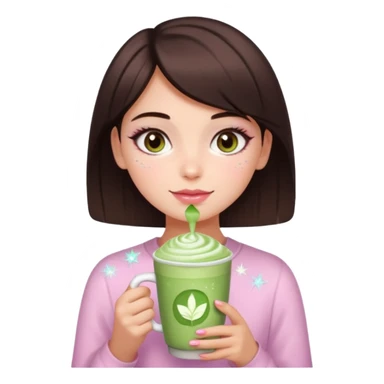 square framed profile picture of a girl with short dark brown hair and brown eyes, holding a matcha latte, with sparkles, skincare, and makeup elements, in pink soft girl aesthetics, apple emoji style sticker
