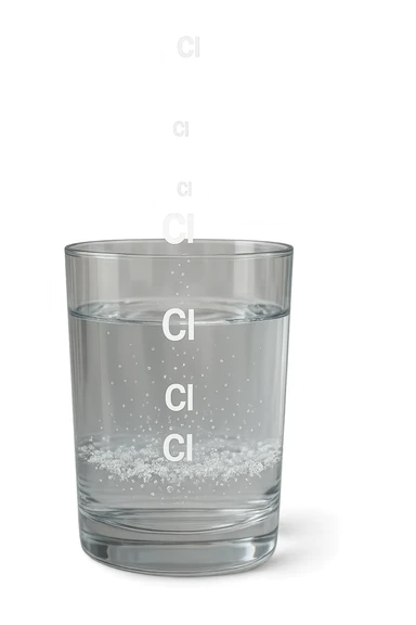 un bicchiere di acqua fluttua in aria realistico e dettagliato, dentro l'acqua del bicchiere ci sono particelle di cloro ben visibili con la scritta "Cl" sopra, ci sono particelle anche che escono dal bicchiere e fluttuano in aria verticalmente, mentre alcune sono all'interno dell'acqua nel bicchiere, iperrealistico 4k sticker
