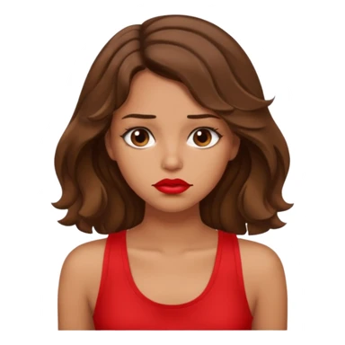 generate a pretty tan bratz girl with brown wavy hair long wearing a red tank top, red lipstick. Looking sad sticker