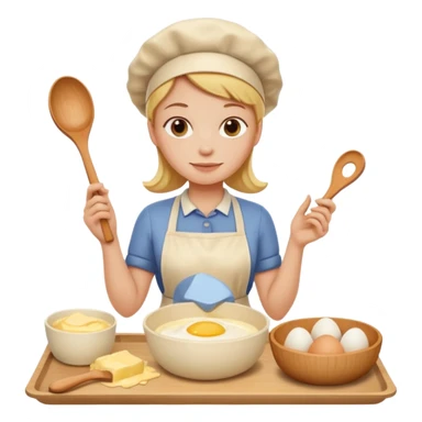 A carton of eggs, butter and a cream ceramic baking bowl with a wooden spoon in it sticker