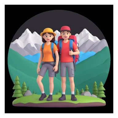 back packer couple posing, mountains in background,   close up pose sticker