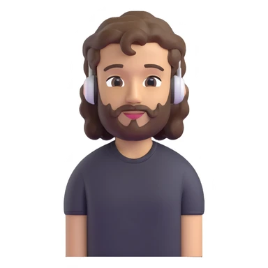 light skin man with a faded beard, wavy hair, and a mullet, wearing a t-shirt and AirPods, 3D emoji style sticker