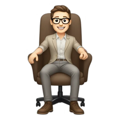 Joyful Celebrating victory Pale skinned Fit Man With dark brown hair in gray jacket, beige office shirt, Brown pants and vintage glasses sitting In a soft chair sticker
