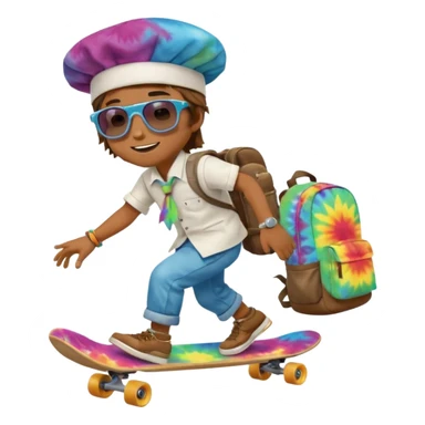 ["A happy boy with brown skin, straight hair, wearing a chef hat and sunglasses, dressed in hippie fashion, is skateboarding while holding a backpack."] sticker