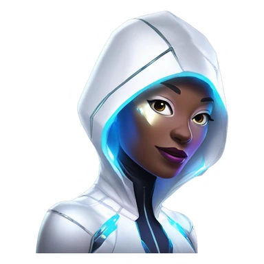 Android Spider-Gwen wearing a sleek, futuristic suit with metallic accents, glowing circuitry, and a holographic hood over her head sticker