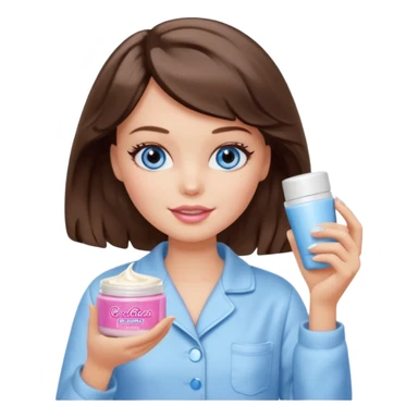 Barbie girl with makeup, blue eyes , and bob long haircut wavy, short brown hair in creamy color pajamas, face cream in hand sticker