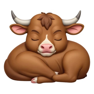 meme-worthy-cute-sleeping-domestic-bull-portrait-emoji,-head-resting-peacefully-with-a-contented-smile,-showcasing-a-robust,-muscular-build-and-a-luxuriously-soft-coat,-eyes-gently-closed-in-serene,-restful-slumber,-simplified,-solid-brown sticker