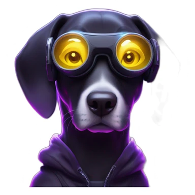 funny dog wearing a black hoodie with "OMG" letters on it and VR headset in a cyberpunk VR environment with violet neon lighting. sticker